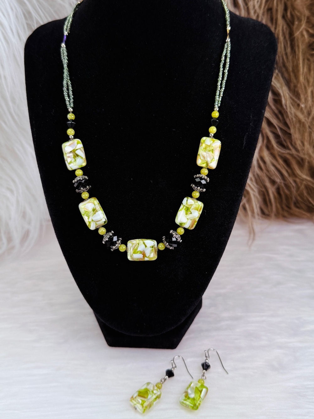 Green and Black Beaded Necklace and Earring Set